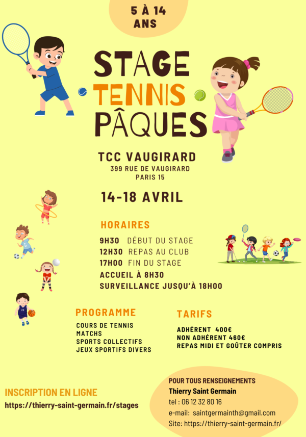 Stage tennis Pâques  du 14 au 18 avril