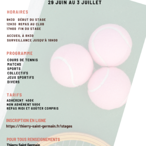 Stage tennis été du 29 juin au 3 juillet